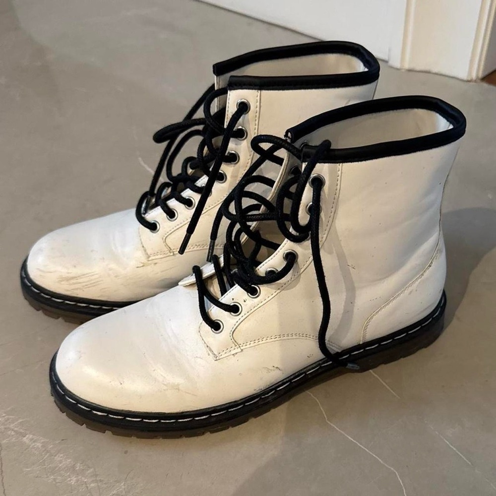 Pull&Bear White Combat Boots with Black Trim